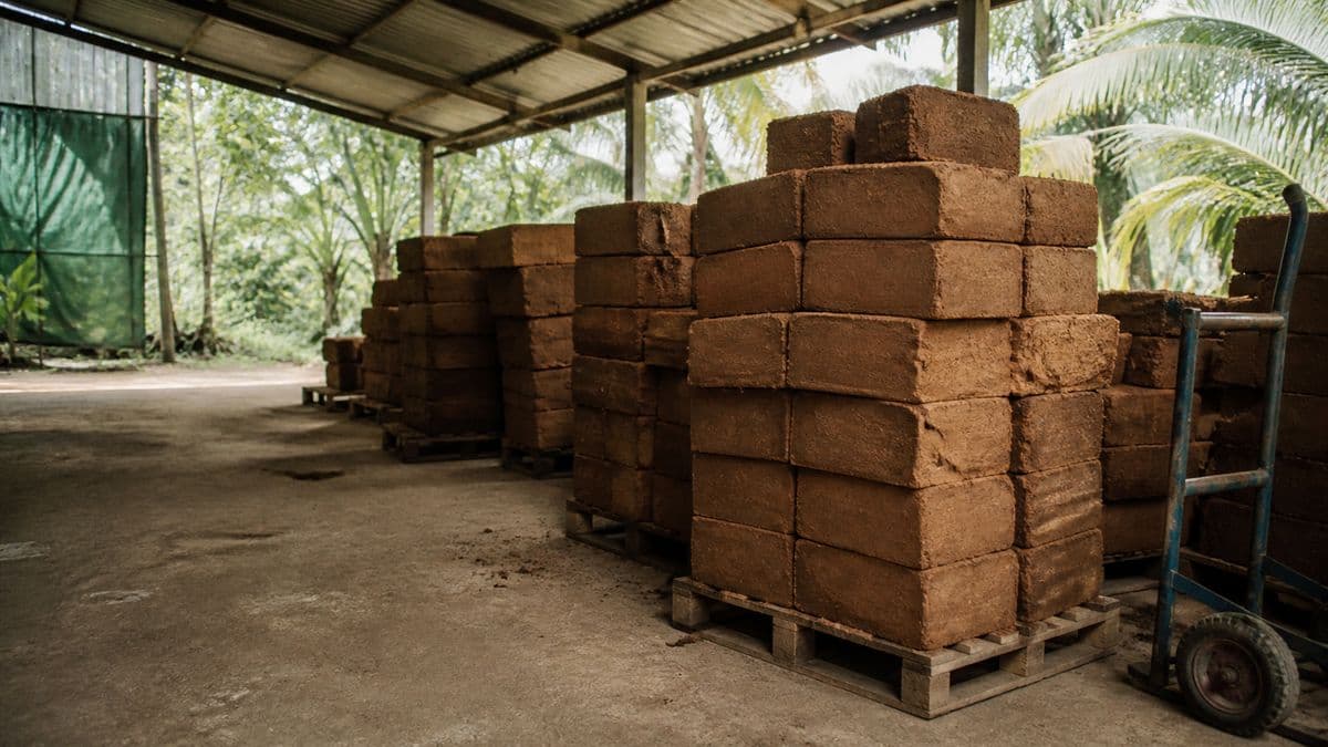Rows of palletised compressed coir blocks stacked under a covered yard, with a hand trolley alongside.