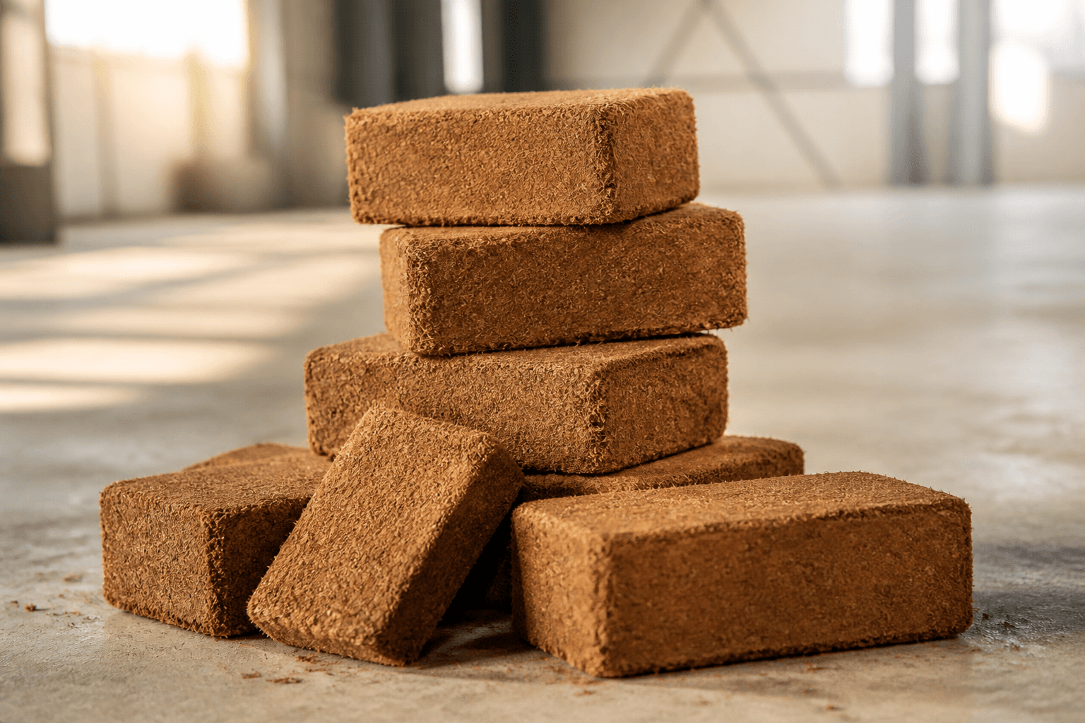 A neatly stacked arrangement of rectangular, compressed cocopeat bricks on concrete floor in a modern warehouse.