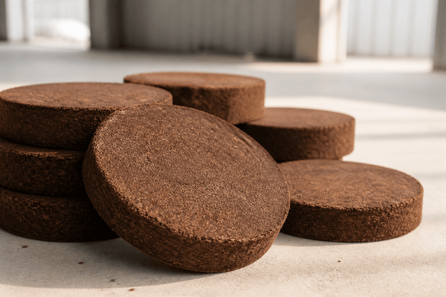 Multiple compressed circular cocopeat growing disks arranged in a grid pattern on warehouse floor.