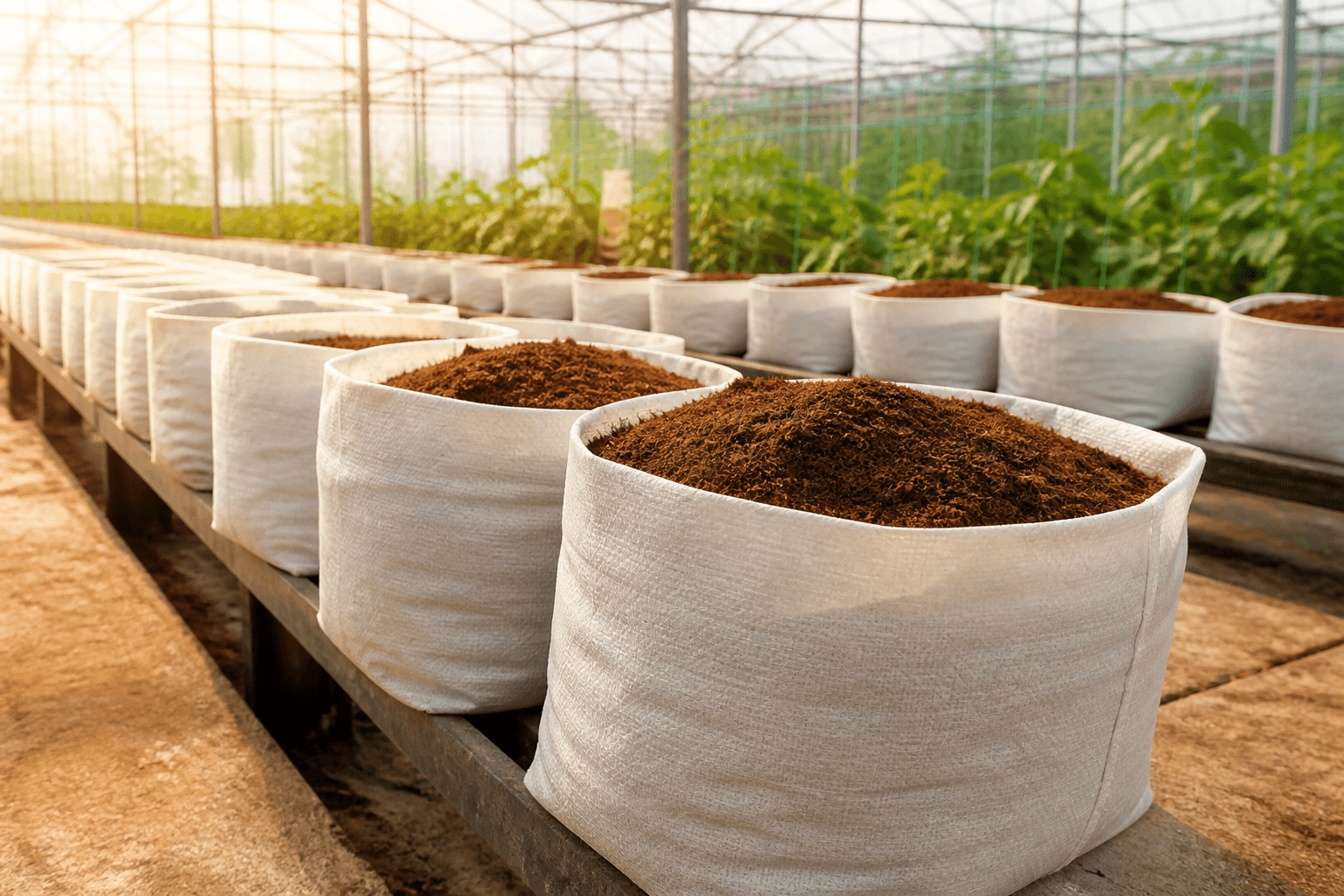 Rows of rectangular fabric grow bags inside a modern greenhouse filled with rich organic growing medium.