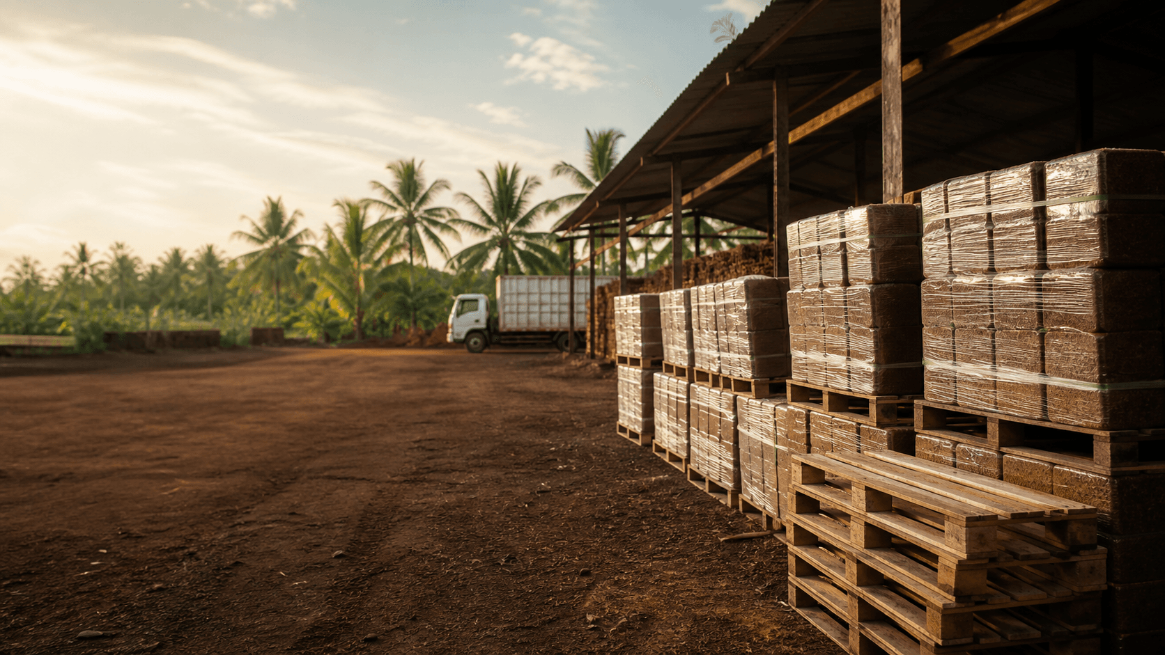 Palletised cocopeat prepared for export at a Sri Lankan processing yard