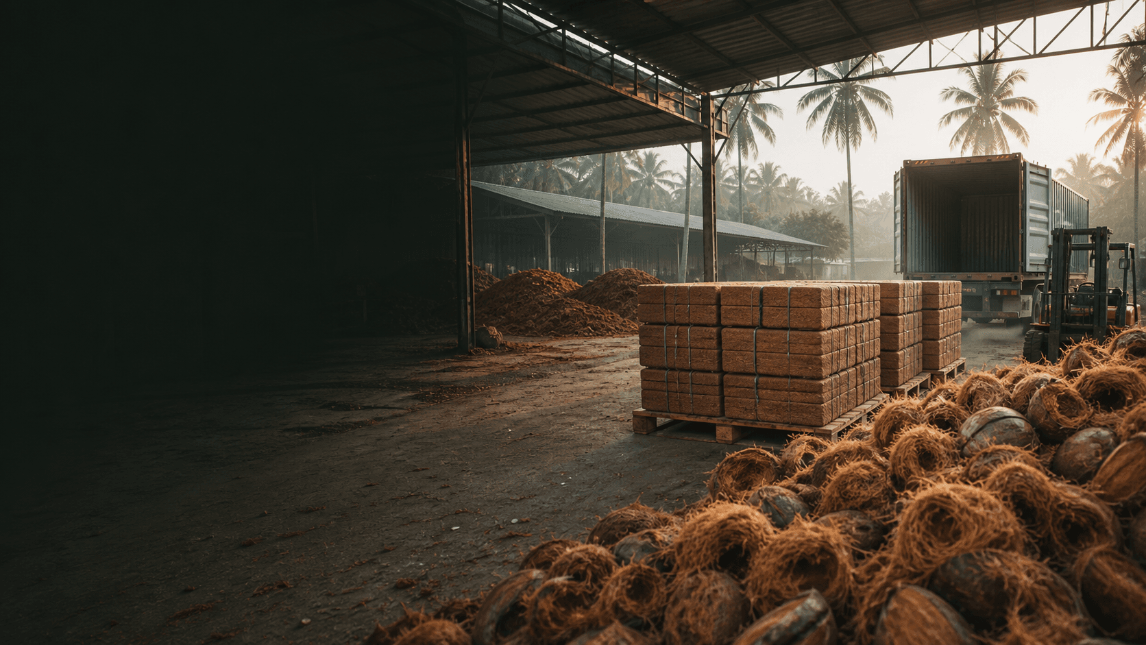 Sri Lankan cocopeat supply chain from coconut husks to palletised export loading